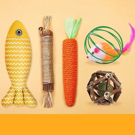 Tian Jiao de madera de 22 cm, 1 pieza + pez de yute + zanahoria grande de papel de seda + ratón de jaula + bonita bola de monedas, juguetes para gatos de interior, juguetes para gatos con forma de pez (1/2)