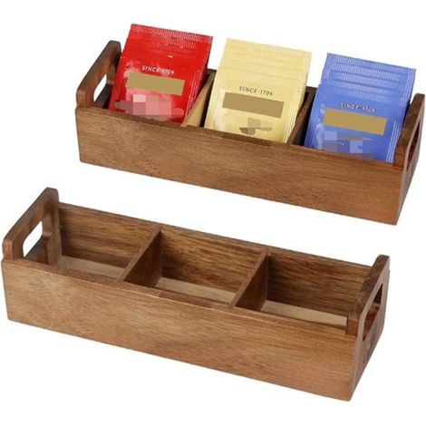 pièces - Petites boîtes en bois pour sachets de thé - boîtes à sachets de thé en bois d'acacia avec 3 compartiments et poignées - pour le comptoir, les boissons et le sucre (1/4)