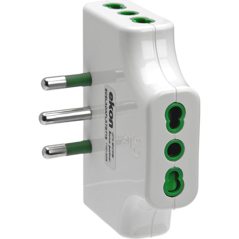 Adaptateur multiprise Plat, 3 Prises biphasées Italiennes, Prise Italienne 16A, Peu encombrant, Blanc (1/2)