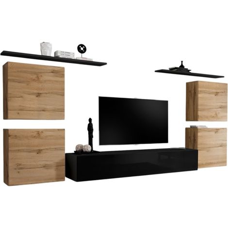 Ensemble meuble salon SWITCH IV design, coloris noir brillant et chêne Wotan.
