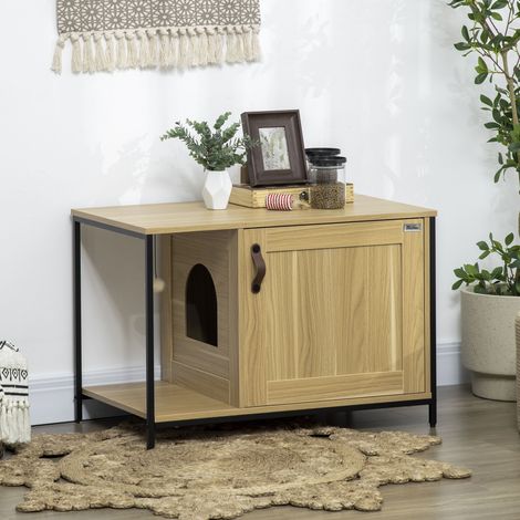 Chatière design loft avec porte latérale, boule suspendue, structure en acier effet bois clair, litière pour chat industriel