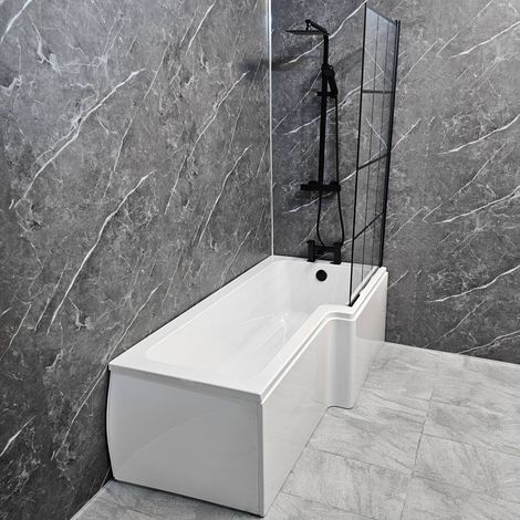 L Shape Shower Bath with Black Grid Bath Screen Front Panel 1700mm Right Hand, No