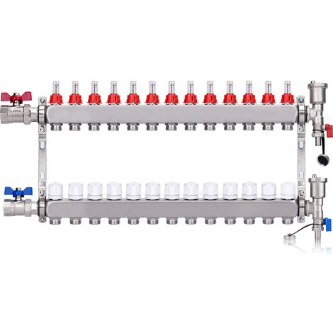 Kit Collecteur Radiateur, 13 Circuits Distributeur Chauffage, avec Vannes à Boisseau Sphérique 1", avec Purgeur Manuel et Débitmètre, Raccords pour Eurocône 3/4, Distributeur HKV