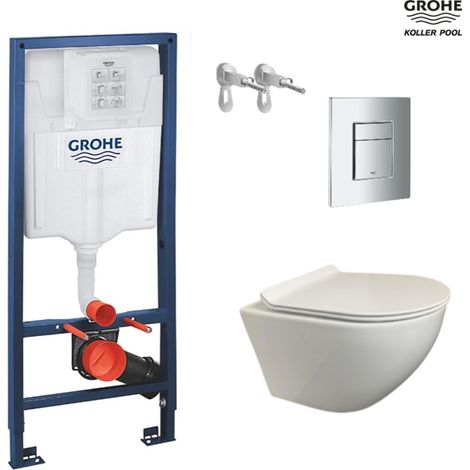 Bastidor GROHE pack cisterna empotrada y pulsador cromo brillo con inodoro suspendido ROUND blanco 49 Tapa fina