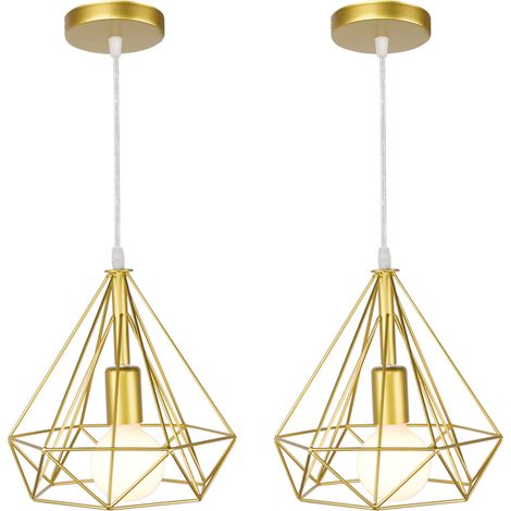 2PCS Lustre Antique Diamant Suspension Luminaire Rétro Plafonnier Or Industriel Métal Vintage 25 CM