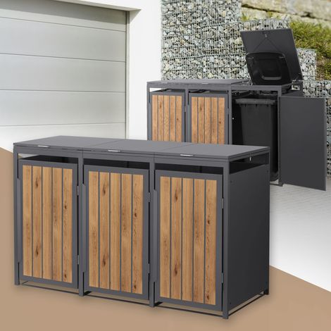 ML-Design 3x Cobertizos para Ocultar Cubos de Basura 240L Roble Antracita Claro 196x80x120cm Caseta de Acero para Jardín Contenedor Exterior Caja con Tapa Abatible y Puerta Resistente a la Intemperie (1/5)