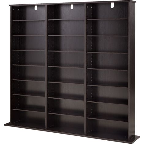 Mophorn Mueble de almacenamiento multimedia con 24 compartimentos, diseñado para organizar CD, DVD, libros y discos de juegos. Dimensiones: 142 x 22 x 130 cm, color marrón (1/5)
