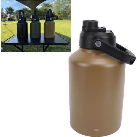 Bidon Sport Bouteille d'eau Isolée Double Mur Vacuum Inox 3.8L Khaki pour Camping Sport Plein Air (1/4)