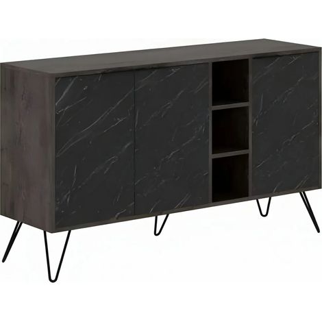 Credenza Madia 3 Ante con Nicchie Effetto Marmo Nero per Soggiorno (1/4)