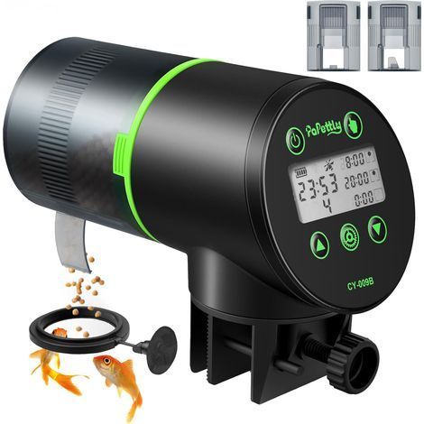 1 Distributeur Nourriture Poissons, 4 Modes, Couvercle Anti-humidité, Anneau Fixation, Aquarium (1/5)