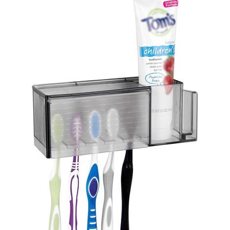 Portaspazzolino da Denti Adesivo Multifunzionale, Portaspazzolino da Parete con Coperchio, Scatola di Conservazione per Dentifricio e Spazzolino da Denti per Bagno (Grigio) (1/4)