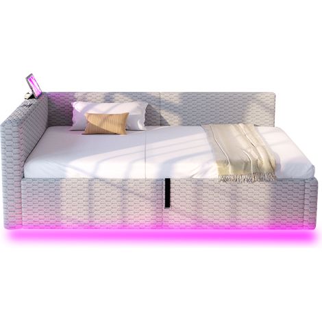 Lit capitonné 90x200 cm avec éclairage led ports usb et usb c tête de lit en l rembourrée coffre hydraulique, tissu velours doux, bois métal, gris (1/5)