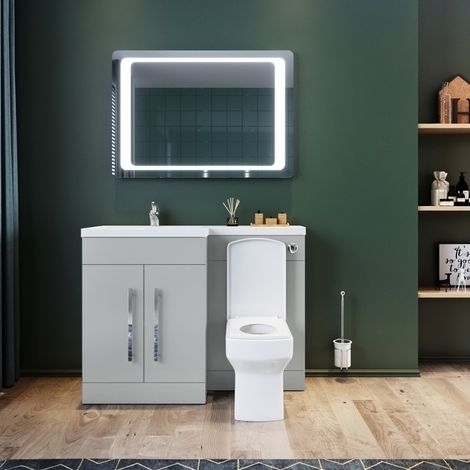 ELEGANT L Shape Bathroom Vanity Sink Unit 1100mm Furniture Storage Matte Grey Vanity Unit with Concealed Cistern + Basin with Ceramic Square Toilet Left Hand