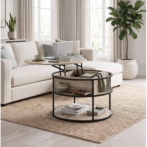 Table basse ronde relevable avec rangement, plateau ajustable en hauteur, étagères ouvertes, MDF et structure en métal, Ø80 cm, hauteur 47–61,5 cm, 30 kg, pour salon – CHICFURN (1/5)
