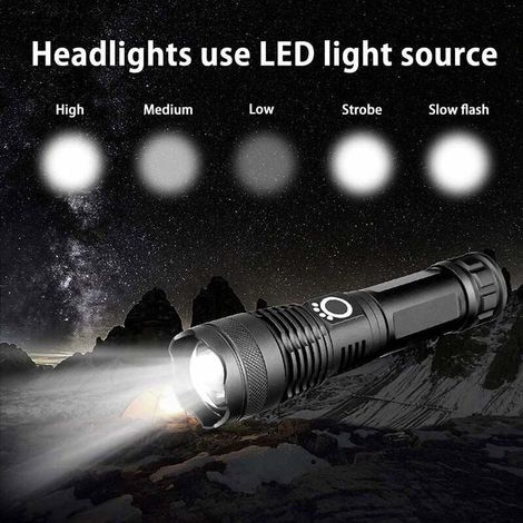 Ultrahelle 5000-Lumen-LED-Taschenlampe, USB-aufladbar, extrem helle taktische Taschenlampe, 5 Zoomstufen, wasserdicht, ideal für Camping, Wandern und Notfälle, inklusive 18650-Akku (1/4)