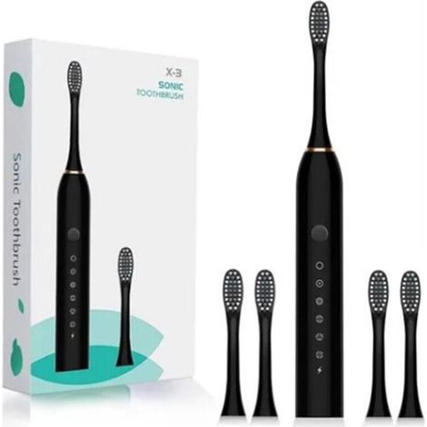 Brosse à dents électrique 6 vitesses - Rechargeable USB - Étanche - 4 brosses adultes/enfants - Noir
