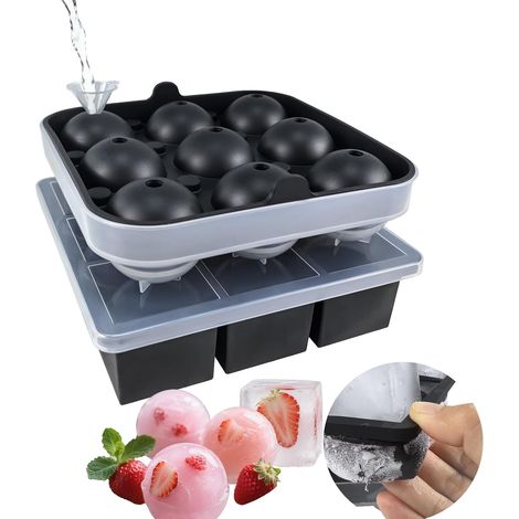 Bac à glaçons facile à démouler avec couvercle, machine à glaçons en plastique avec entonnoir, 9 grands glaçons et 9 boules de glace pour whisky, gelée, pudding, plateau de congélation en silicone (1/5)