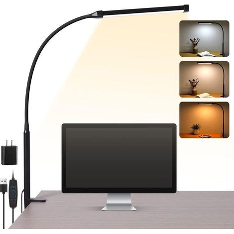 Lámpara de escritorio LED con pinza, ideal para el hogar o la oficina. 3 modos de iluminación, 10 niveles de brillo, brazo metálico flexible, largo y ajustable, con adaptador USB. (1/5)