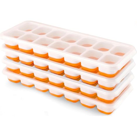 Lot de 4 bacs à glaçons en silicone avec couvercle, peu encombrant et empilable, certifié LFGB et sans BPA, bacs à glaçons carrés faciles à retirer Orange