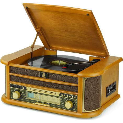 DL Tourne-Disque Vinyle avec Haut-parleurs et Enregistrement USB Complet, chaîne HiFi Vintage pour disques vinyles, CD, Cassettes, Radio AM/FM, entrée auxiliaire (1/5)