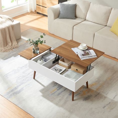 Tavolino da Salotto Flesen con Piano Sollevabile e Scomparti 92 x 52 x 41 cm - Bianco/Effetto Noce [en.casa]