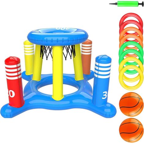 Aro de baloncesto genérico para piscina – Canasta inflable 2 en 1 para piscina – Juego acuático al aire libre con juguetes para lanzar y 8 aros, baloncesto para fiestas (1/5)