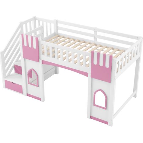 Cama alta 90 x 200 cm con escalera con almacenaje y ventanas, blanco y rosa (1/5)