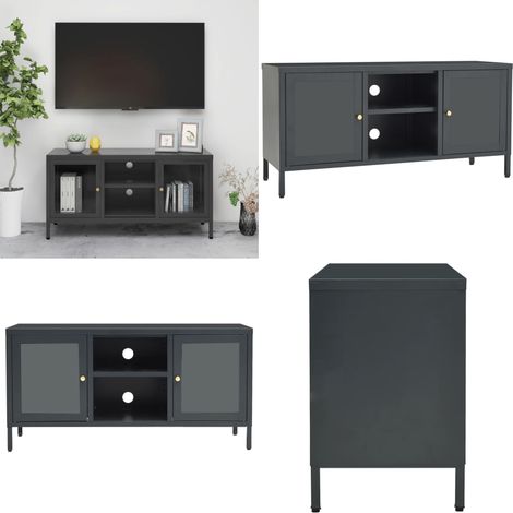 Mueble para el televisor acero y vidrio gris antracita 105x35x52 cm - Estante de TV - Mueble de acero
