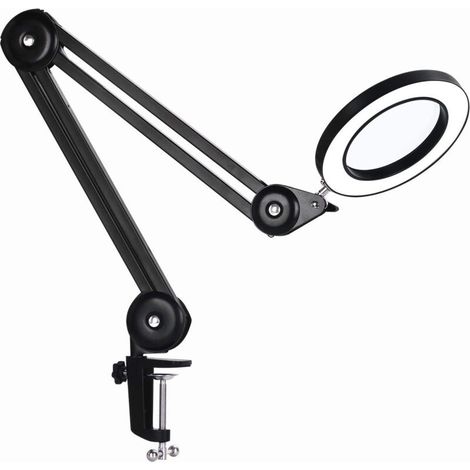 Lampe loupe, lampe de travail - avec lentille en verre 160 mm 5 dioptries, clip en métal, bras pivotant, lumière dimmable en 3 couleurs Noir (1/5)
