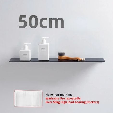 (Noir - 50 cm) Étagère murale flottante pour salle de bain, porte-shampoing sans perçage, blanche et noire, avec fixation adhésive, pour accessoires de cuisine. (1/5)