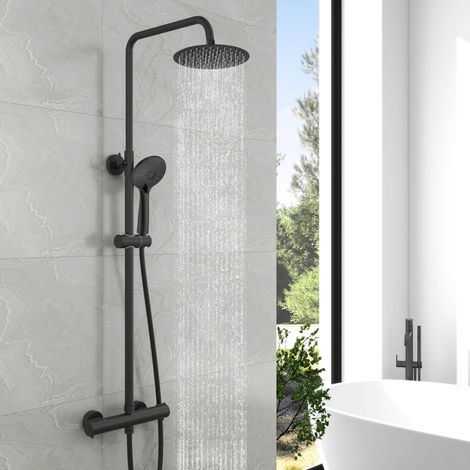 Biubuibath Mixer Shower Thermostatic Round Dual Head Rainfall Handset Matte Black (1/5)
