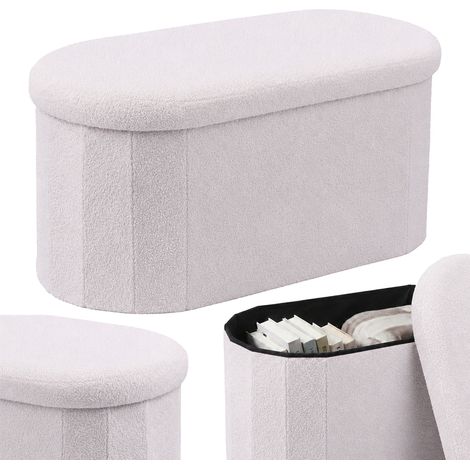 Relaxdays storage bench, bouclé teddy fabric, upholstered, hallway, bedroom, H x W x D: 38 x 76 x 38 cm, white