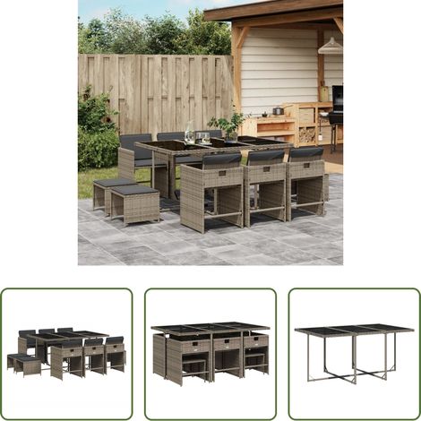 Gartentisch - 11-tlg. Garten-Essgruppe mit Kissen Grau Poly Rattan (1/5)