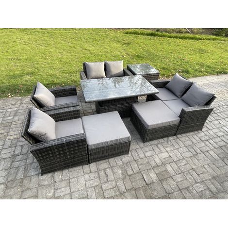 Fimous Outdoor Garden Furniture Sets 8 Pieces Wicker Rattan Furniture Sofa Dining Table Set with 2 Big Footstool Side Table Dark Grey Mixed (1/5)