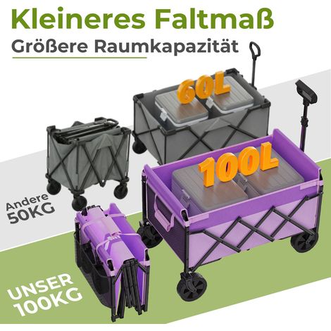 Chariot pliable compact, charge max 100 kg, diable de transport léger, sac à roulettes pliable pour courses et camping, poignée télescopique réglable, stable et gain de place, teinte lilas. (1/5)
