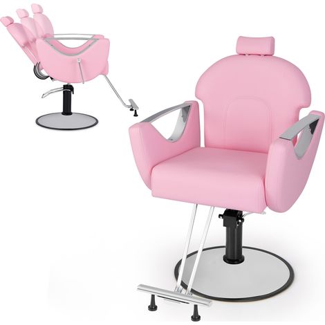 Fauteuil barbier rose en similicuir avec dossier inclinable, hauteur réglable, rotation à 360 et repose-pieds pour salon et institut (1/5)