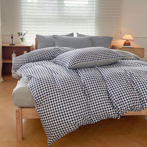 Bettwäsche 155x220 Marineblau Kariert Mikrofaser mit Reißverschluss