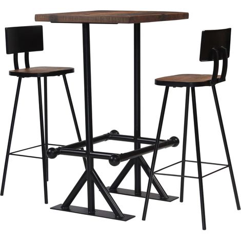 Table de bar carré bois recyclé massif et 2 tabourets vintage (1/5)
