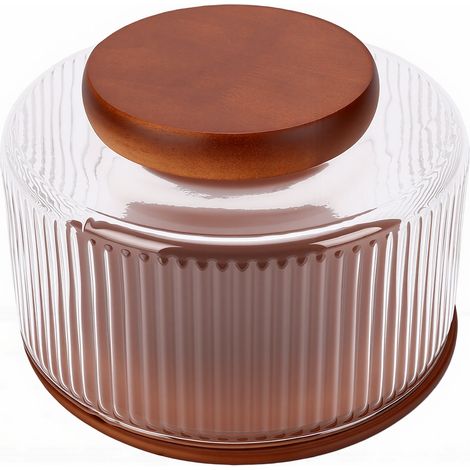 Saladier en verre transparent côtelé avec couvercle et socle en bois, idéal pour les pâtes, les fruits et les en-cas. (1/5)