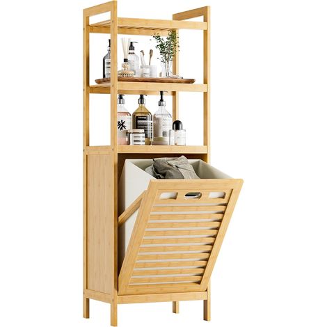 Meuble Salle de Bain avec Panier à Linge, Armoire Bas Salle de Bain en Bambou avec 3 étagères Ouvertes, 40L Sac Intérieur Amovible pour Buanderie, Toilette et Chambre à Coucher, Naturel (1/5)