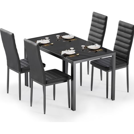 Bealife Ensemble Table et Chaises Table à Manger avec Chaises 1 Table en Verre Trempé 4 Chaises en Cuir PU Dossier Patte Metal Pied en Caoutchouc Noir (1/5)