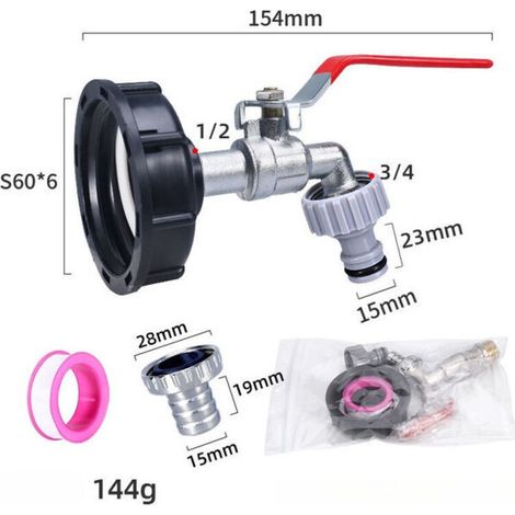 Robinet de réservoir 1000L avec adaptateur de tuyau, raccord de robinet IBC S60X6, robinet de jardin pour réservoir de récupération d'eau de pluie (adaptateur en plastique 1/2") (1/4)