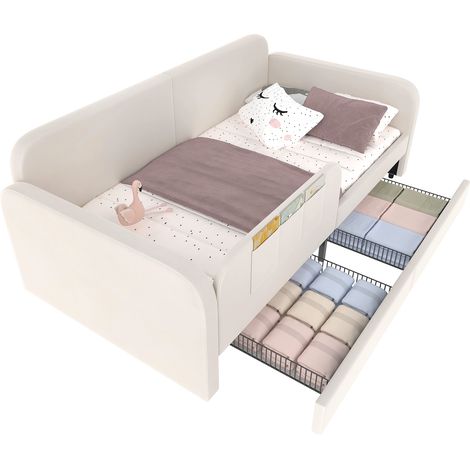 Lit enfant 90x200 en velours blanc avec 2 tiroirs, 3 poches latérales, cadre métal et côtés relevés, idéal en lit d'appoint pour chambre moderne  CHICFURN (1/5)