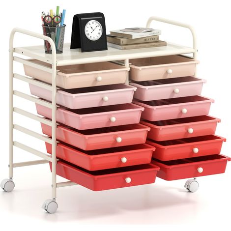 Carrello portaoggetti con 12 cassetti e ampio piano di lavoro Cassettiera con 4 ruote Rosa Sfumato (1/4)