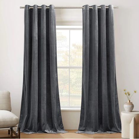 Velvet Curtain – Set of 2 Grey Thermal Insulated Anti-Cold Curtain for Bedroom Living Room Decoration Panels Heavy 300 g/㎡ Soft Modern Design, L 132 x H 260 cm, Dark Grey (1/5)