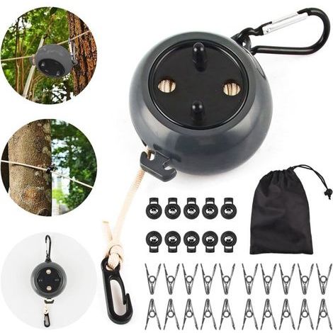 Corde a Linge Retractable,Fil Rétractable,avec 10 Boucles Fixes et 20 Pinces Coupe-Vent, Clothesline Exterieur Portable pour Drap de Lit, Fil à Linge pour Jardin, Camping-Car, Buanderie, Voyage (1/5)