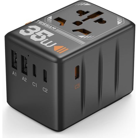 Adaptateur de voyage universel, prise 35 W avec ports de charge 2A3C, convertisseur de puissance, compatible avec les pays du monde entier, noir (1/5)