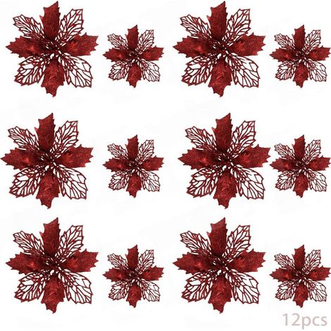 12pcs Fleur de Simulation de Noël,Fleur de Noël Poinsettia, Fleur de Noel,Fleur de Noël pour SapinDecoration Noel Sapin,Fleurs de Noël Artificielles (rouge) (1/5)