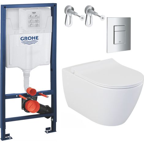 Grohe Pack WC Bâti-support Rapid SL + WC sans bride LIVEA Bello + Abattant softclose + Plaque Chrome (RapidSL-Bello-1)