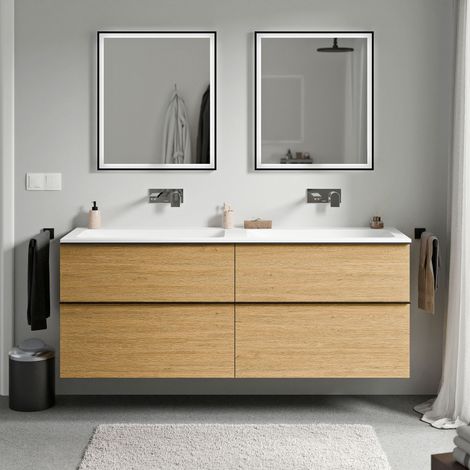BERNSTEIN - Mueble lavabo suspendido MDF roble miel, lavabo fundición blanco mate sin orificio grifería, tirador cromado 160x46x62cm LAVOA cromo, Roble Miel Oro, Blanco mate sin agujero para grifería